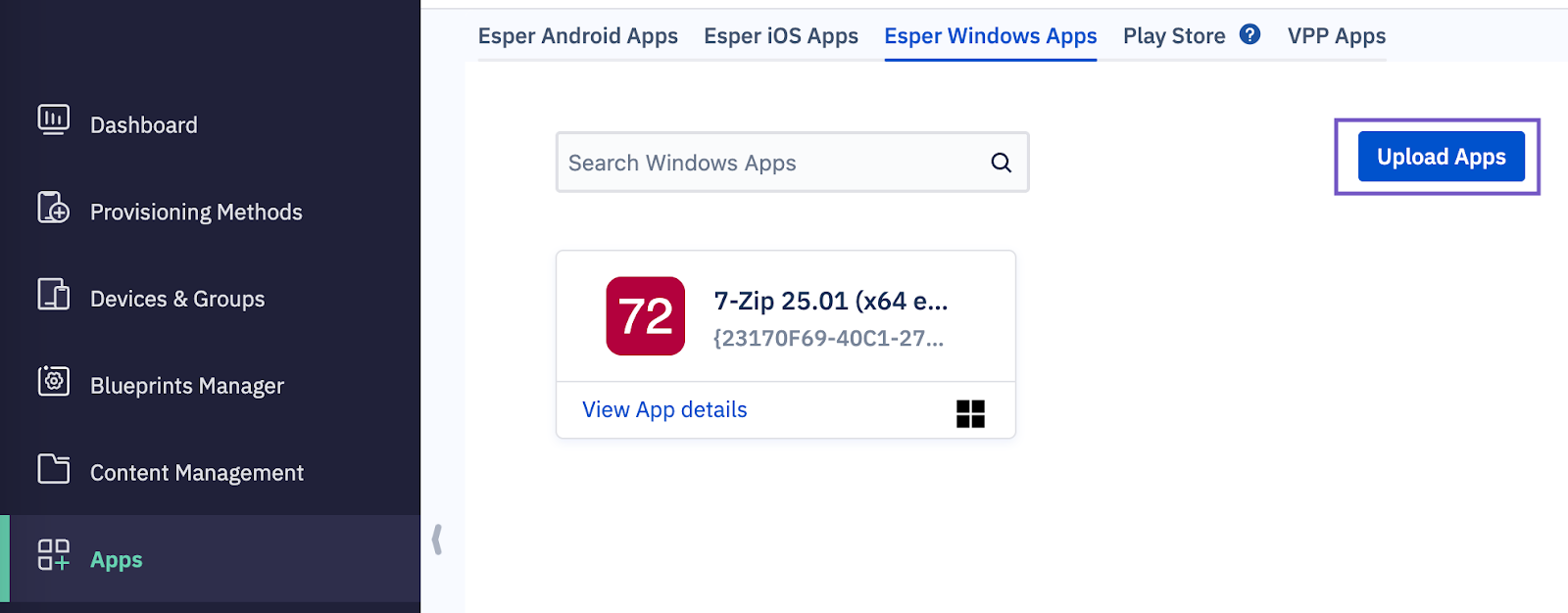 Upload Apps highlighted in the Esper Windows Apps tab of the Apps section in the Esper console.