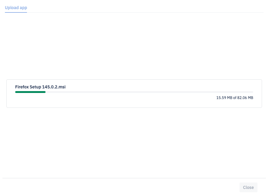 The modal with the Firefox app uploading to the console. A progress bar is about 10% complete.