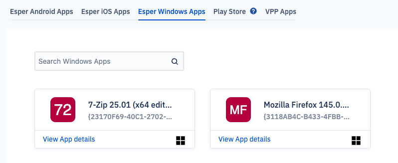 The 7 zip and Mozilla Firefox apps in the Esper Windows Apps tab of the App section of the Esper console.