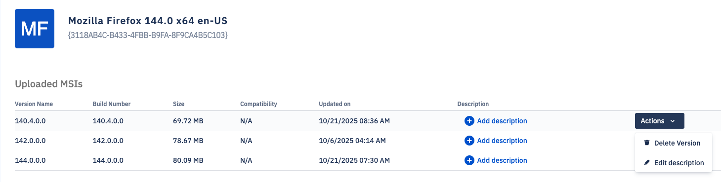Mozilla Firefox details page with three versions present. The most recent version has it Actions button activated with the options to Delete Version or edit description.