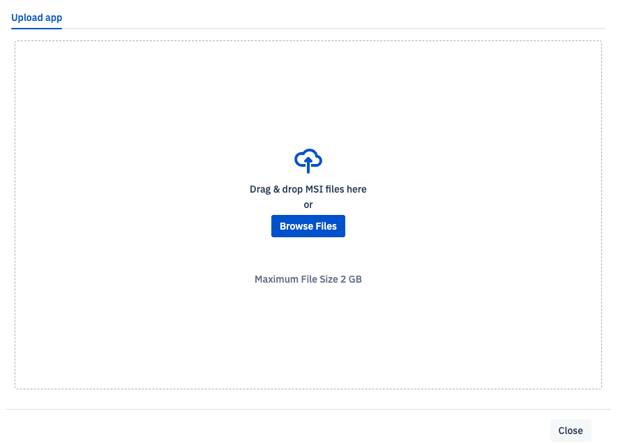 Upload app modal with a browse files button and max file size of 2 GB