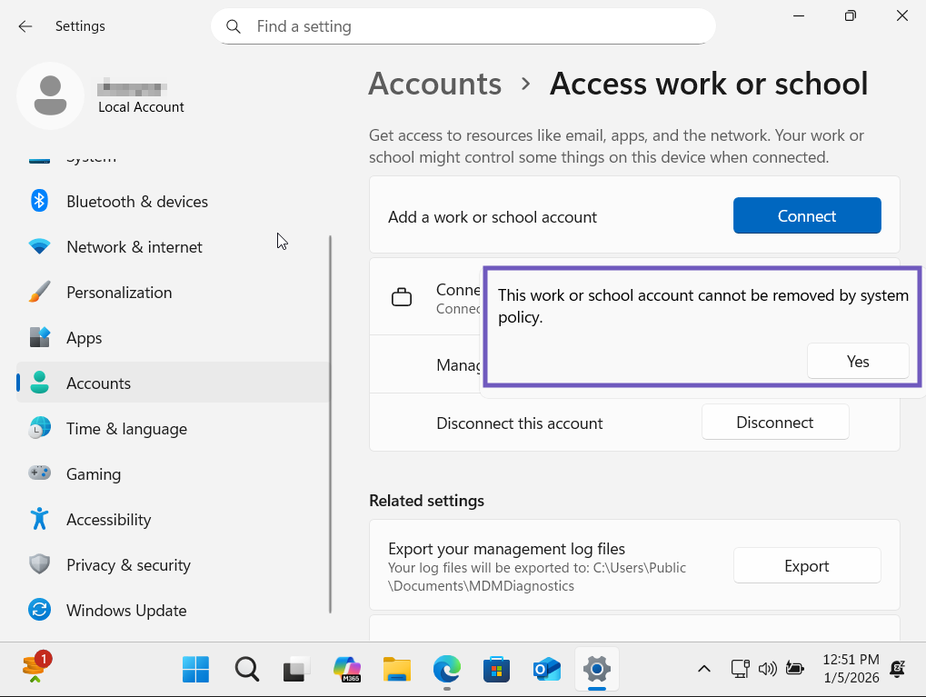 On a Windows screen, in the accounts > access work or school section, Disconnect this account is show with a message showing This work or school account cannot be removed by system policy.png