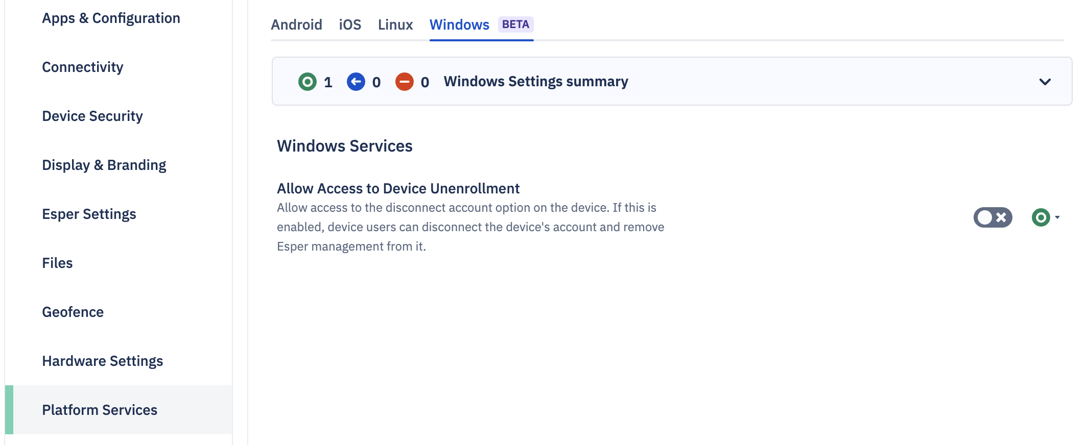 Allow access to device unenrollment option disabled in a blueprint