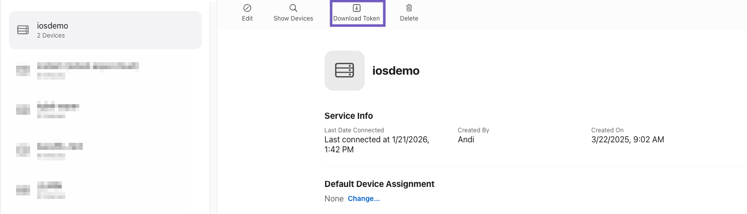 Download token highlighted in apple business manager with the iosdemo tenant.png
