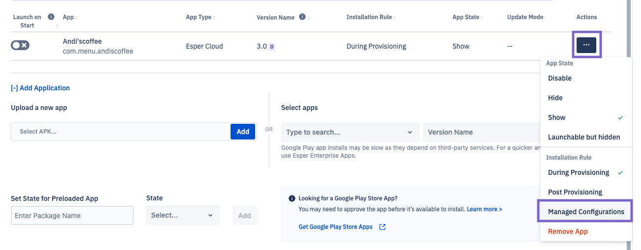 The actions ellipsis(...) selected in a bluperint under the apps section. Managed configurations is highlighted.