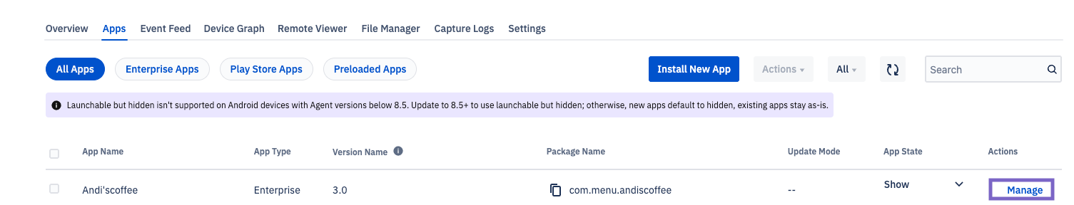 In an individual device's app section with manage highlighted next to an app.