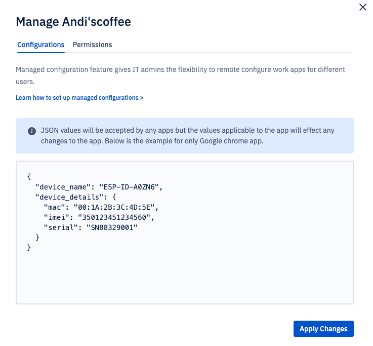managed configurations with the actual values of mac, imei, device name, and serial