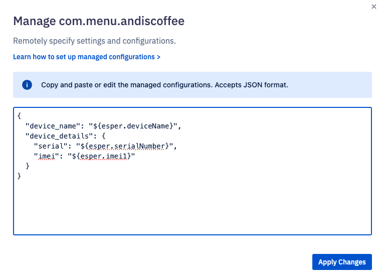 The manage application menu with dynamic placeholders such as device name, serial number, and imei1.