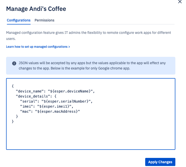 manage andi's coffee configurations with dynamic placeholders such as device name, serial, imei, and mac address