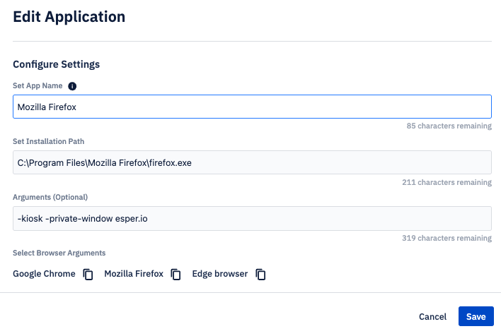 shows the config settings for the firefox app note the url is esper dot io.png