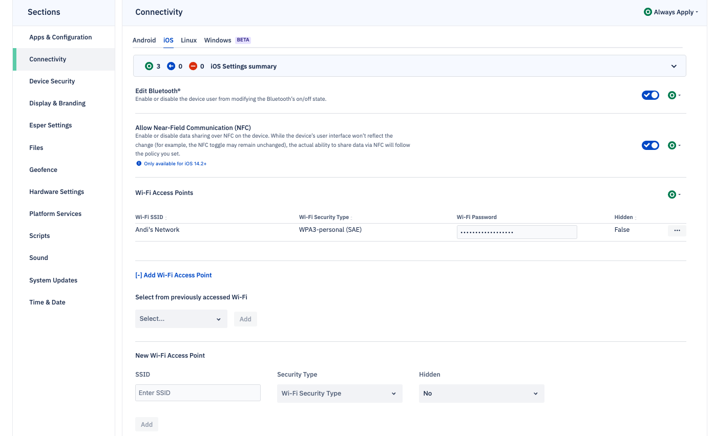 wide view of the ios connectivity blueprint section with options for nfc, bluetooth and wifi.png