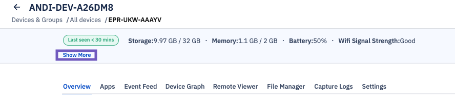 Screenshot of a device details page in the Esper console showing status information, a summary panel, and navigation tabs such as Overview, Apps, and Settings..png