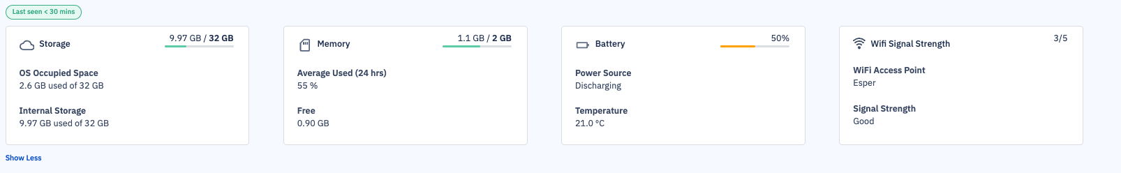 Screenshot of device overview cards in the Esper console displaying storage, memory, battery, and Wi-Fi details, each shown in separate summary panels with usage indicators and status information..png