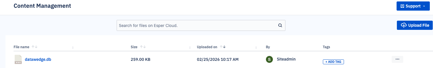Esper Console Content Management section with a DB file being uploaded.