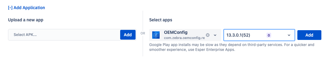 Apps & Configuration section of a blueprint with the OEMConfig app selected from the app list.