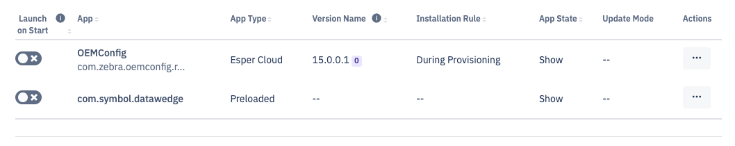 Manage Applications list displaying the DataWedge app with state management options.