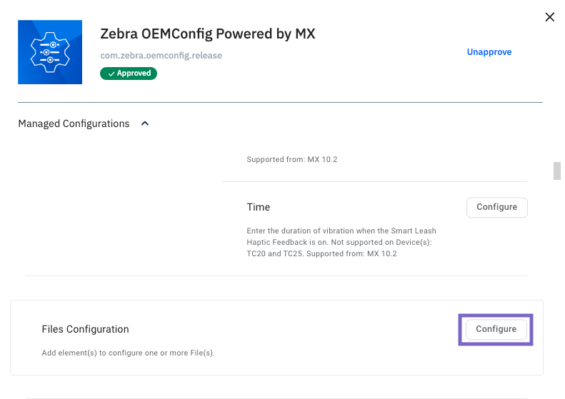 Managed Configurations > Files Configurations screen with the Configure option selected.