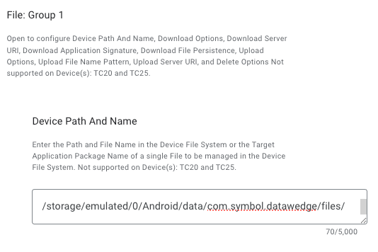 Files Configuration screen showing device path /storage/emulated/0/Android/data/com.symbol.datawedge/files/autoimport/filename entered.