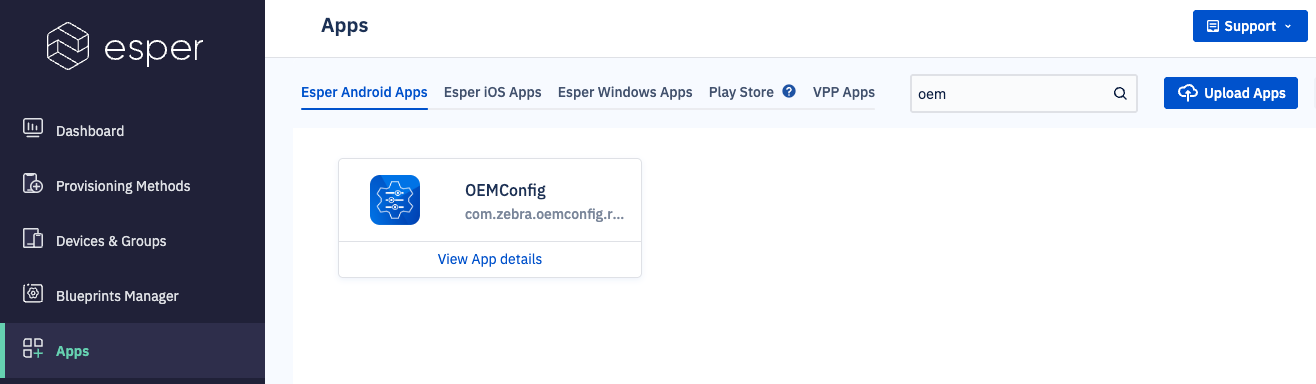 Esper Console showing Apps > Android Enterprise Apps page with the OEMConfig application upload option.