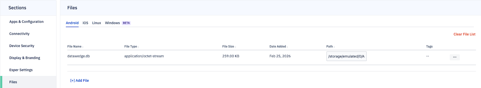 Blueprint Manager screen showing the Files section with the device path /storage/emulated/0/Android/data/com.symbol.datawedge/files/autoimport added.