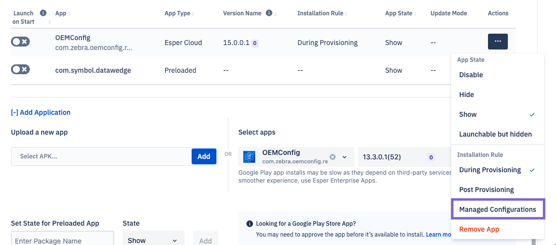 Blueprint device options menu (ellipsis) with Managed Configurations selected.