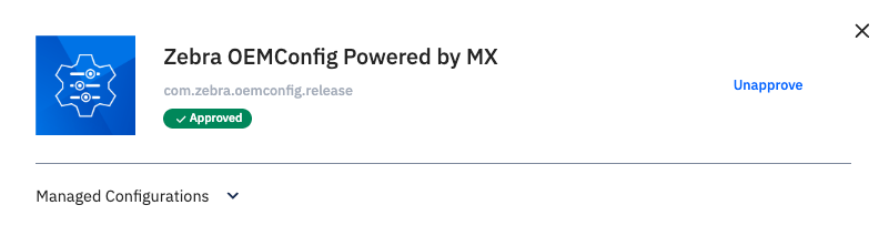 Playstore search results showing the Zebra OEMConfig application selected and approved.