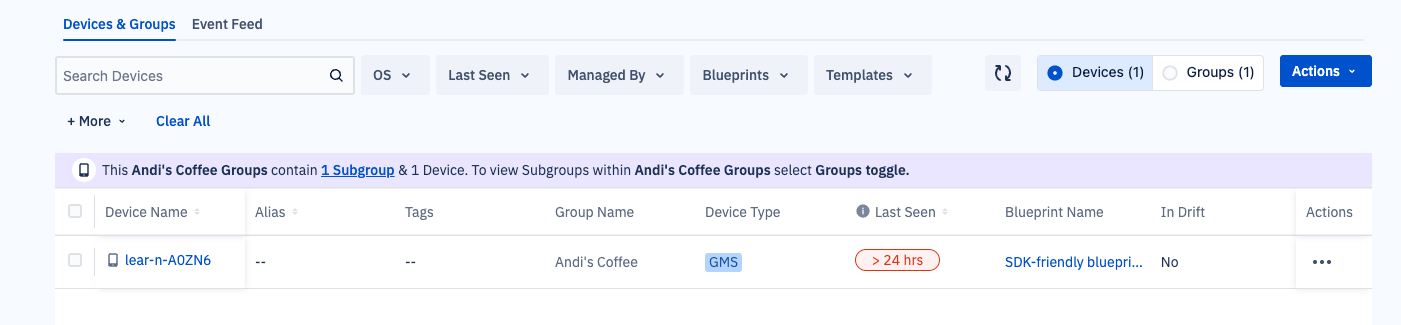 The devices toggles enabled for a group showing that the group has one device and 1 subgroup.