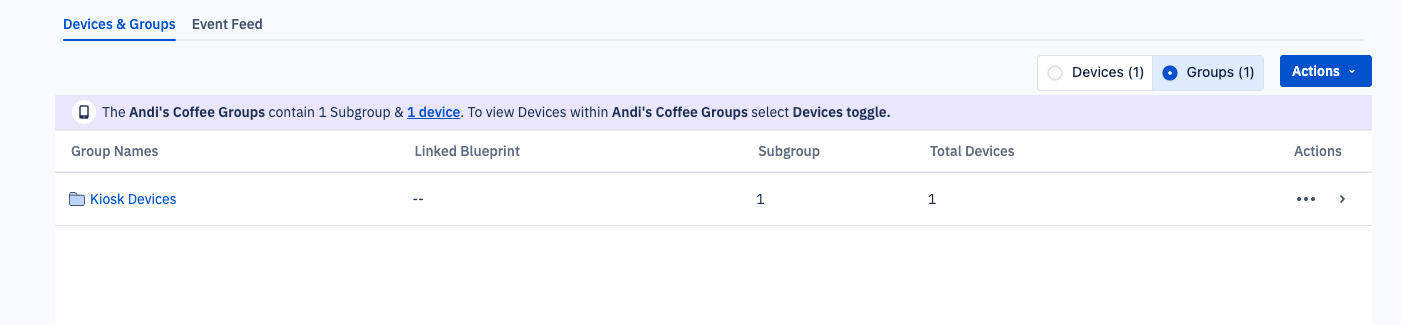 The groups view with a group folder that has one device and one subgroup