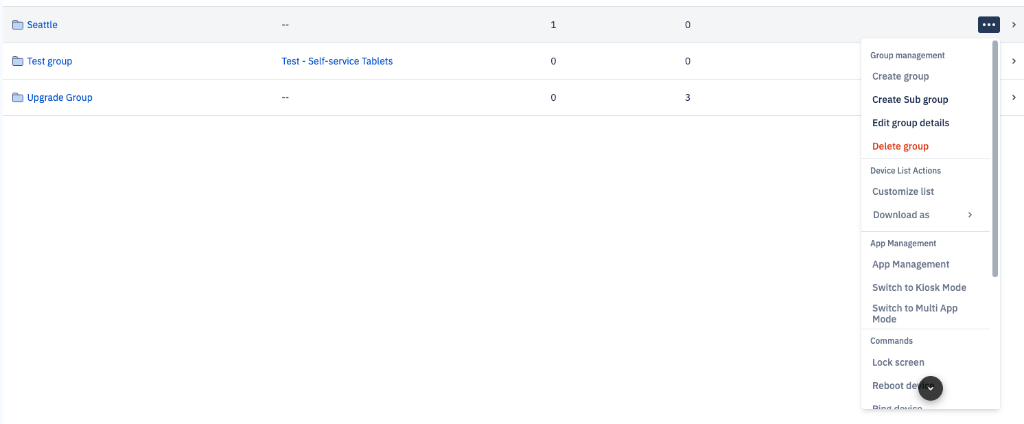The actions ellipsis dropdown showing the actions available for the group.