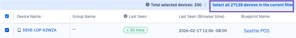 The Devices list header with a device selected, highlighting the option to select all devices matching the current filter.