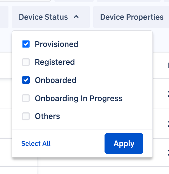 The Device Status filter dropdown with Provisioned and Onboarded selected, and other statuses unchecked.