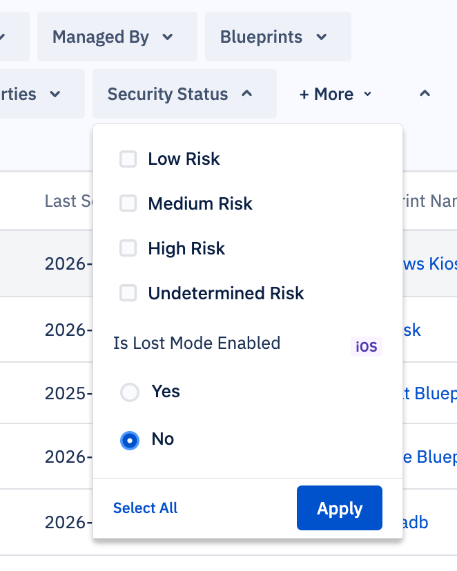 The Security Status filter dropdown showing risk level options and an "Is Lost Mode Enabled" toggle set to No.