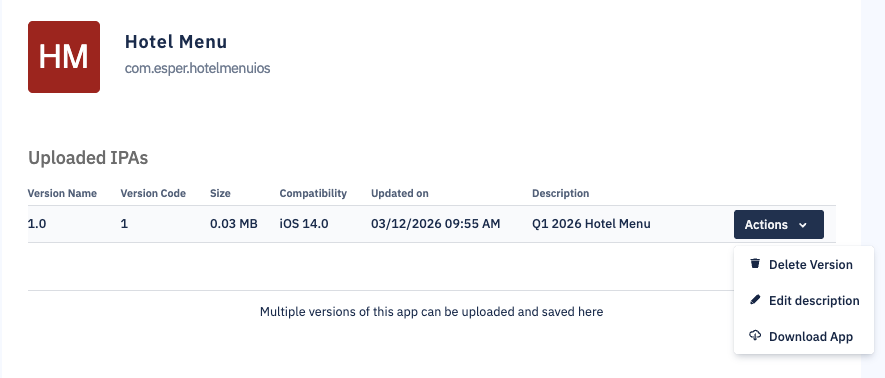 The actions menu dropdown in an app details page. Options are Delete Version, Edit description, Download App.png