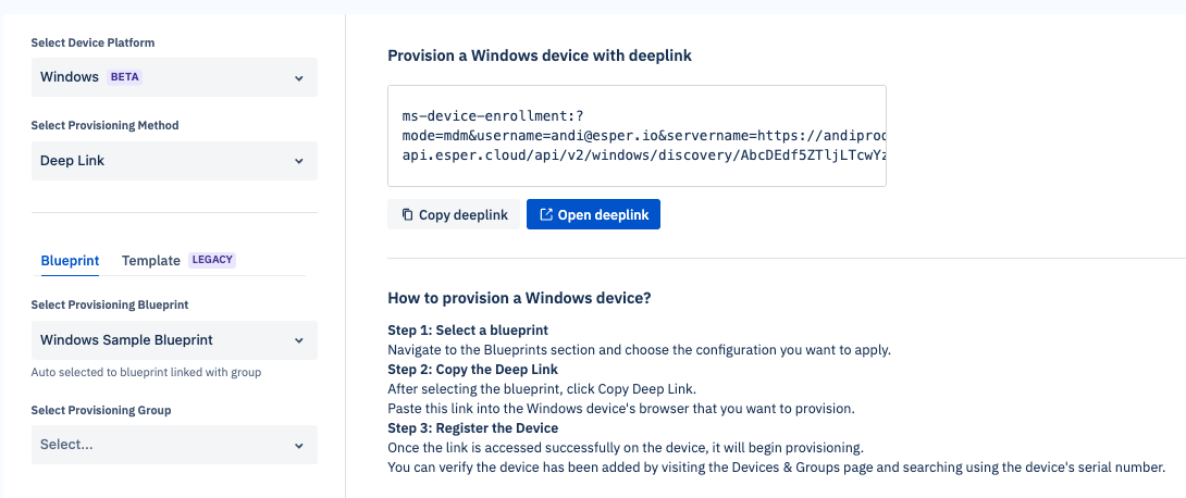 deep link provisioning for a windows device in provisioning methods.png