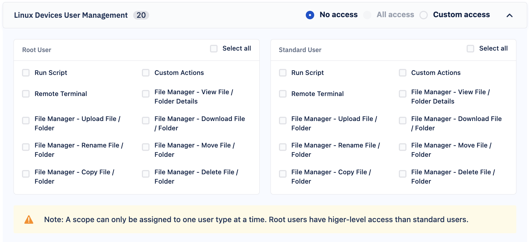 Linux device managemeent standard user and root user permissions.png