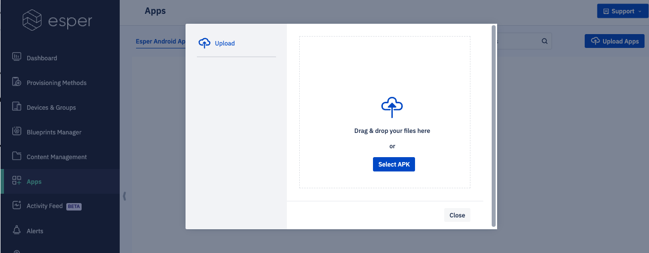 modal for uploading an app to the Esper console in the Esper Android Apps .png