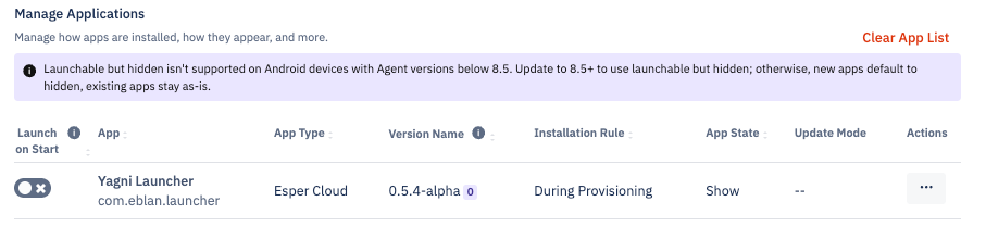 an example of a launcher app in the blueprint's app list with the preceding settings (disbaled launch state, during provisioning rule, show state)