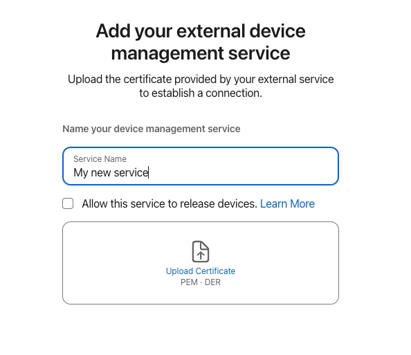 add external service in Apple Business with the option to upload certificate.png