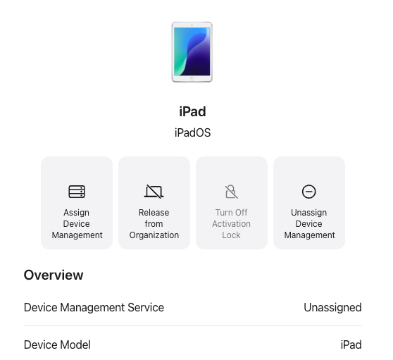 an ipad showing device management service unassigned in the device details page of Apple Business.png