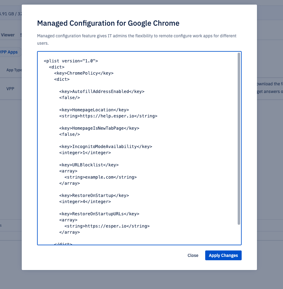 managed configuation for an iOS application showing a plist with homepage location