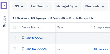 Groups caret highlighted in unified view. The groups drawer is collapses showing only devices.