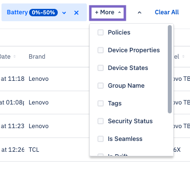 The More dropdwon for filters showing additional filters