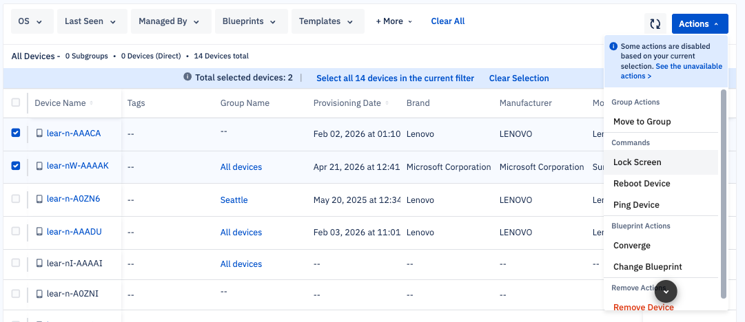 The actions dropdown showing available actions