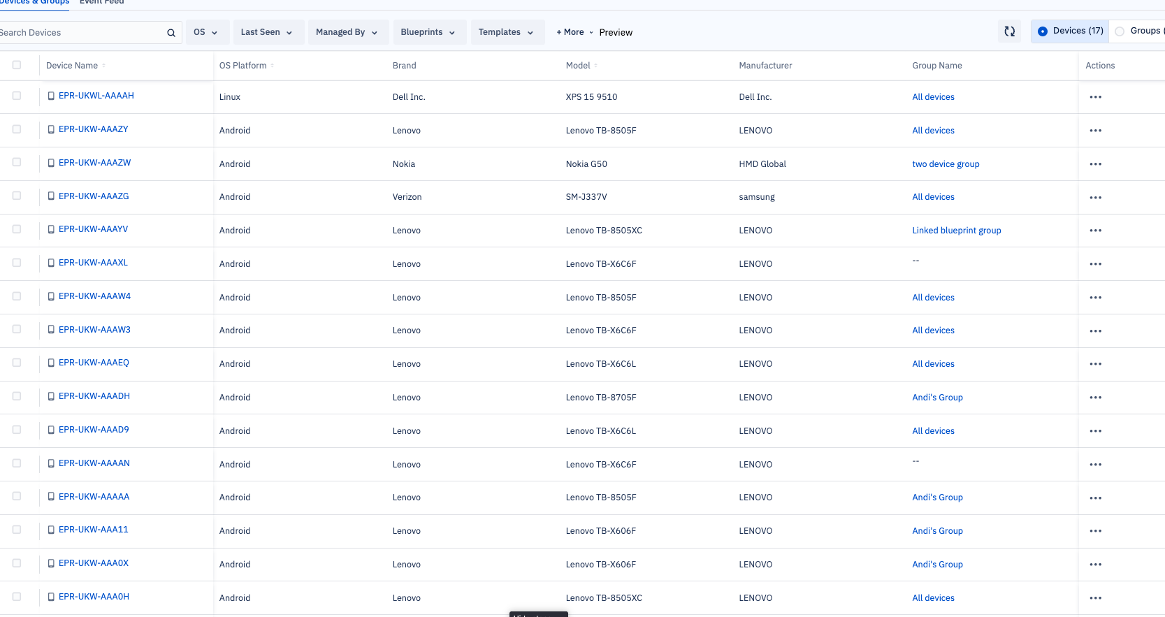 the advanced view for devices & Groups
