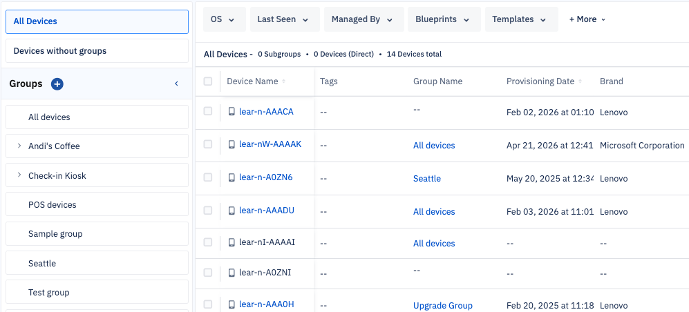 Unfied view showing the groups column and device columns in one view