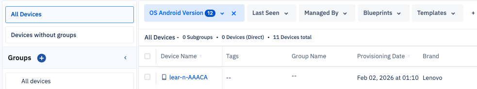 Filters showing Android devices for All devices.