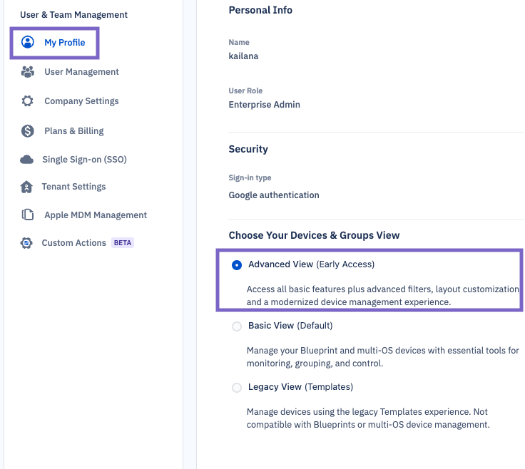 The profile section showing advanced view selected