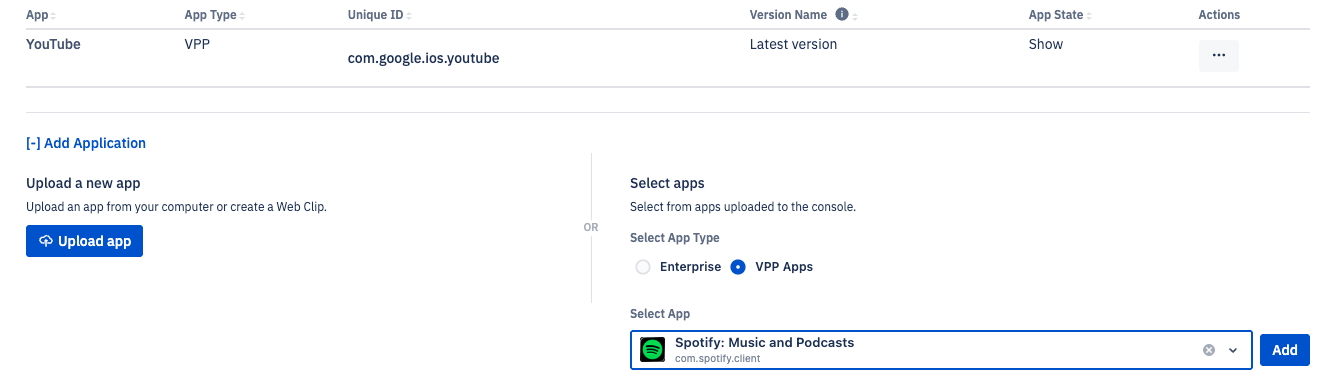 The Add Application panel in a blueprint's Apps & Configuration section, showing YouTube listed as a VPP app and an expanded form for adding a new app. VPP Apps is selected as the app type, with Spotify: Music and Podcasts chosen from the Select App dropdown.