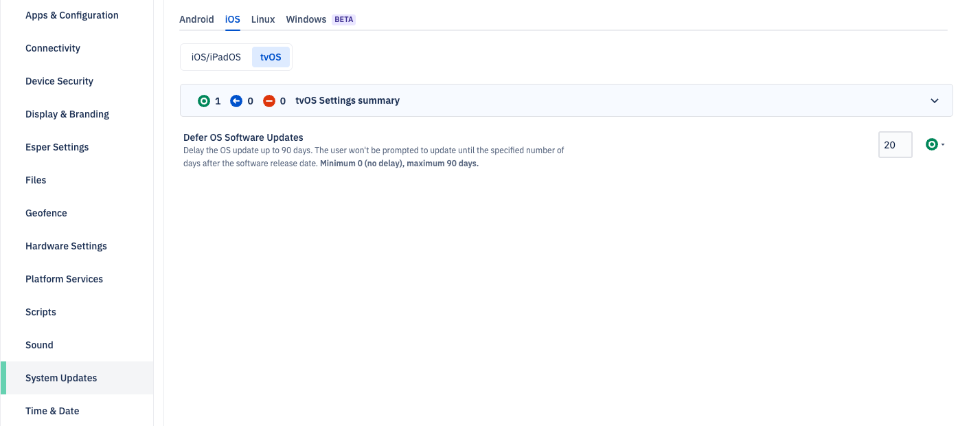   The System Updates section of a blueprint's tvOS tab, showing the Defer OS Software Updates setting with a value of 20 days entered. The description states that updates can be deferred between 0 and 90 days after the software release date.