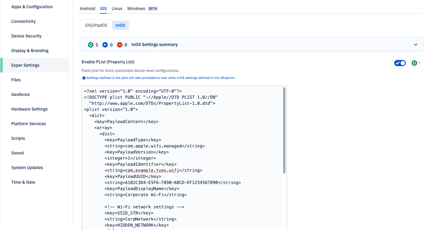 The Esper Settings section of a blueprint's tvOS tab, showing the Enable PList toggle turned on. A text area displays sample plist XML for a managed Wi-Fi configuration. A note states that settings defined in the plist take precedence over other tvOS settings in the blueprint.